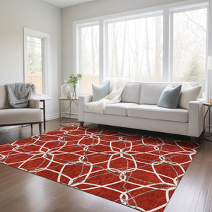 HomeRoots 5' Vibrant Red and Ivory Geometric Washable Area Rug for Indoor and Outdoor High-Traffic Spaces 10' X 14' 613048