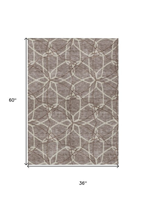 Homeroots 3' Geometric Washable Area Rug For Indoor & Outdoor Use - Stylish & Durable For High Traffic Areas Taupe Polyester 613049