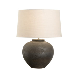 Wildwood Ahmya Hand‑Turned Shigaraki Table Lamp — Black Iron Oxide Glaze, Textured Ceramic, Coolie Shade Ambient Light (21" H) 61305-2