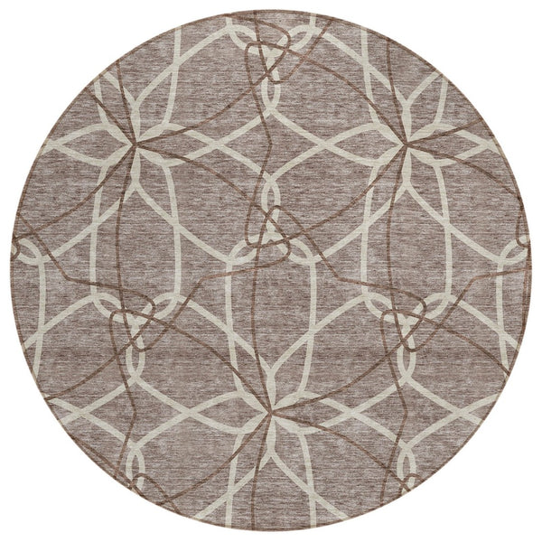 HomeRoots 5' Taupe and Ivory Geometric Area Rug - Stylish, Washable, Durable, Perfect for Indoor & Outdoor Spaces 8' Round 613051