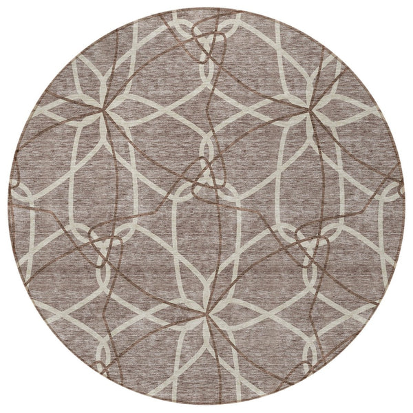 HomeRoots 5' Taupe and Ivory Geometric Area Rug - Stylish, Washable, Durable, Perfect for Indoor & Outdoor Spaces 8' Round 613051