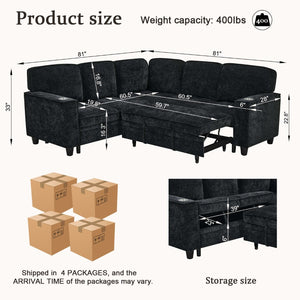 English Elm L-shaped Chenille Sectional Sleeper Sofa with Storage and Usb Charging Ports Charcoal Grey W1998S00088
