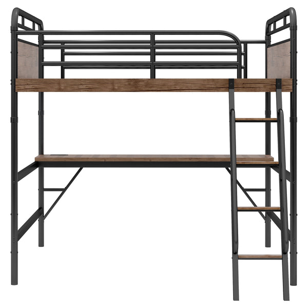 English Elm Full Size Metal Loft Bed with Desk, LED Light & Charging Station, MDF Panels, Safe Rounded Edges W2580P286695