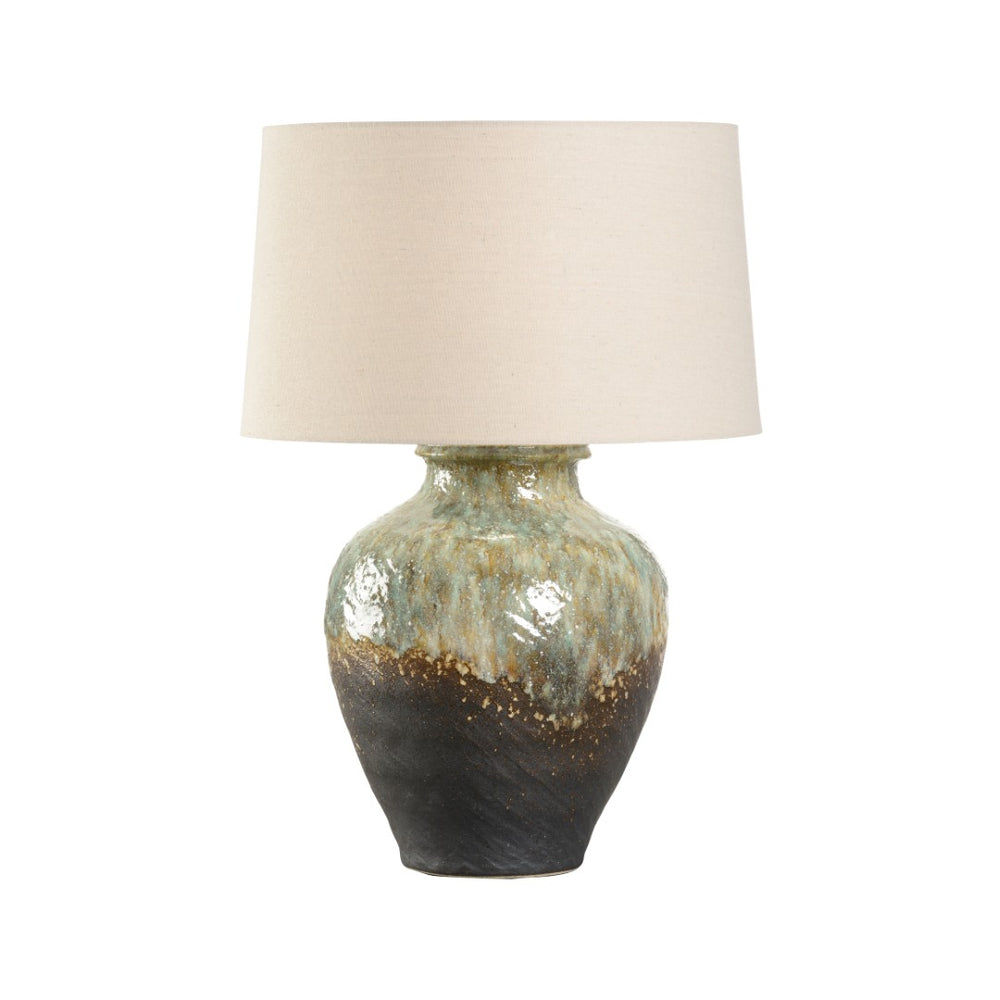 Wildwood Daichi Handcrafted Japanese Ceramic Table Lamp — Shiga Kiln Glaze, Linen Shade, Blue-Green Variations 61314-2