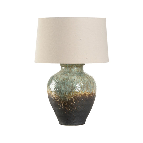 Wildwood Daichi Handcrafted Japanese Ceramic Table Lamp — Shiga Kiln Glaze, Linen Shade, Blue-Green Variations 61314-2