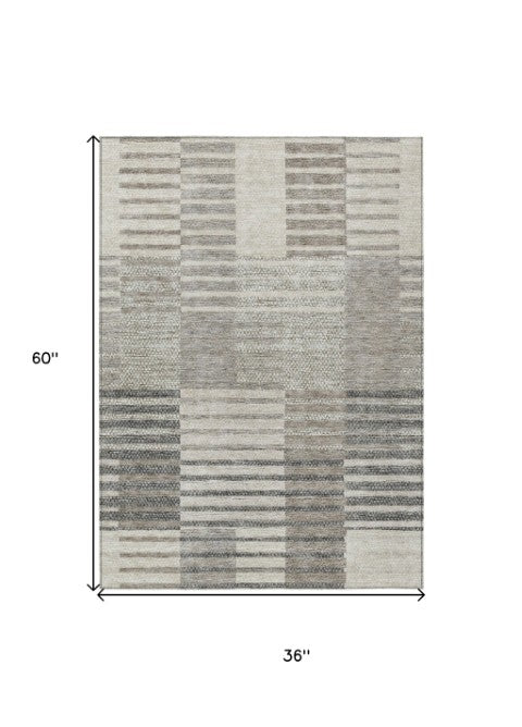 Homeroots 3' Stylish Striped Washable Area Rug For Indoor Or Outdoor Use - Durable, Easy To Clean Design Beige Polyester 613151