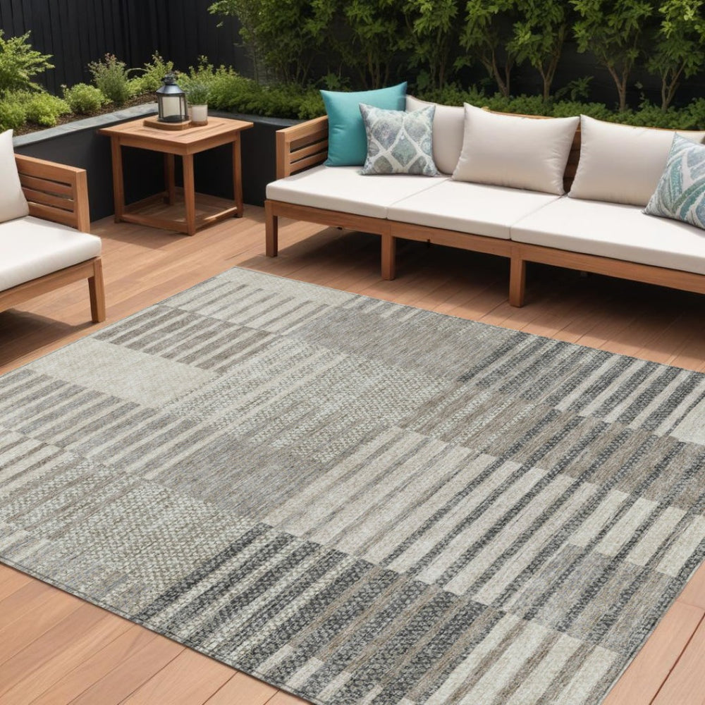 HomeRoots 9' X 12' Striped Beige Ivory Taupe Indoor Outdoor Area Rug - Stylish, Durable, Machine Washable Design 613155