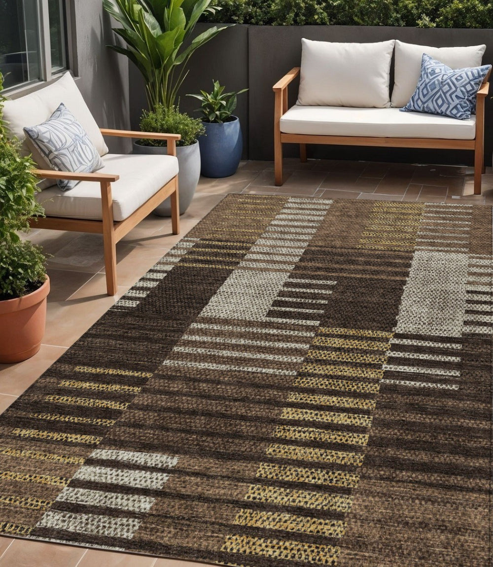 HomeRoots 5' Elegant Chocolate and Ivory Striped Washable Area Rug - Durable, Stylish for Indoor & Outdoor Use 5' X 8' 613158