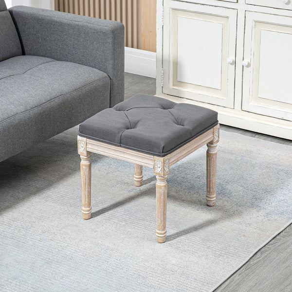 English Elm HOMCOM Vintage Tufted Ottoman 16" Linen-Feel Footstool with Carved Wood Legs, Grey Accent Seat W2225P217637