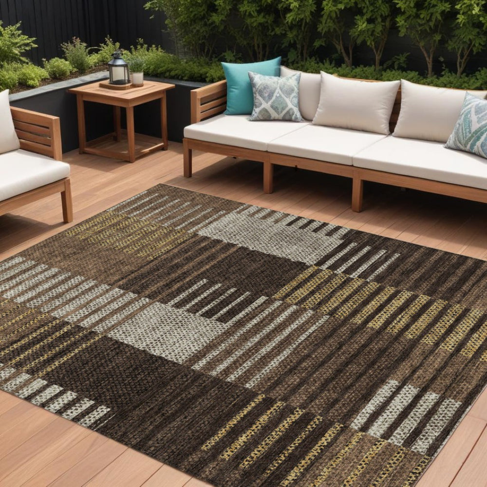 HomeRoots 9' X 12' Stylish Chocolate Ivory Gold Striped Washable Area Rug for Indoor & Outdoor Use 613161