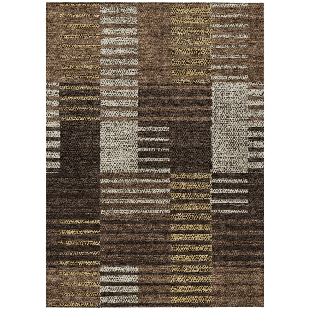 HomeRoots 9' X 12' Stylish Chocolate Ivory Gold Striped Washable Area Rug for Indoor & Outdoor Use 613161