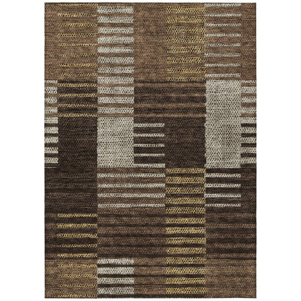HomeRoots 9' X 12' Stylish Chocolate Ivory Gold Striped Washable Area Rug for Indoor & Outdoor Use 613161