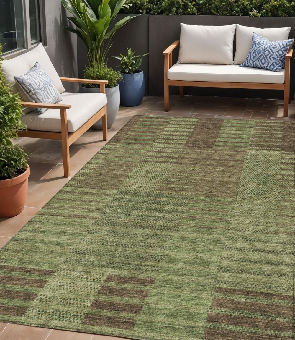 HomeRoots 5' Striped Washable Indoor/Outdoor Area Rug in Brown, Taupe, and Green – Stylish & Durable Design 5' X 8' 613170