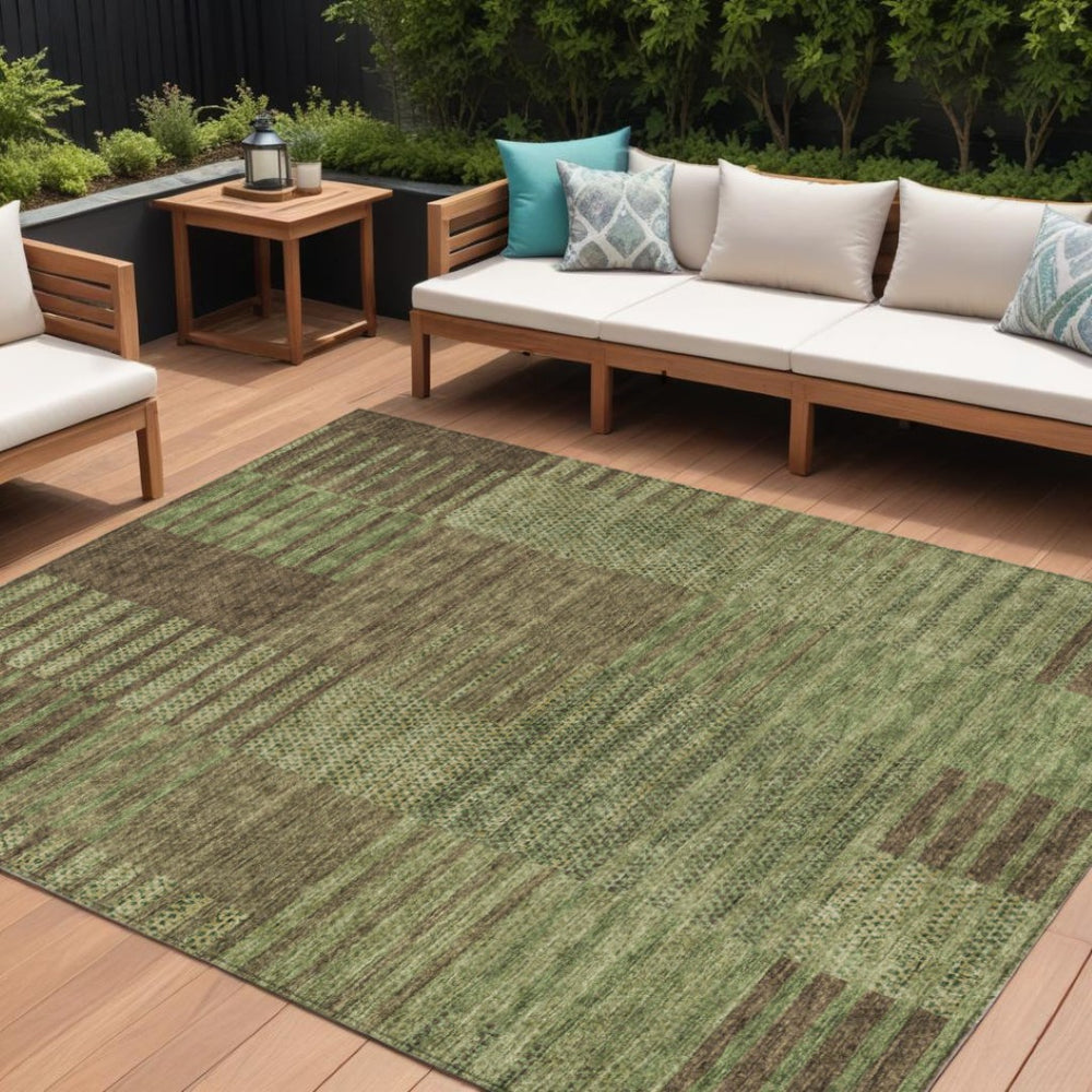HomeRoots 9' Washable Brown Taupe & Green Striped Area Rug - Durable, Stylish Indoor/Outdoor Decor Solution! 613173