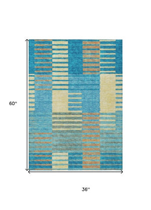 Homeroots 3' Stylish Striped Washable Area Rug For Indoor Or Outdoor Use - Durable, Easy To Clean Design Teal Blue Polyester 613175