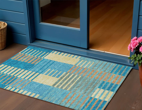 Homeroots 3' Stylish Striped Washable Area Rug For Indoor Or Outdoor Use - Durable, Easy To Clean Design Teal Blue Polyester 613175