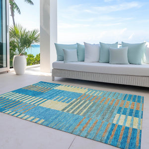 Homeroots 3' Stylish Striped Washable Area Rug For Indoor Or Outdoor Use - Durable, Easy To Clean Design Teal Blue Polyester 613175