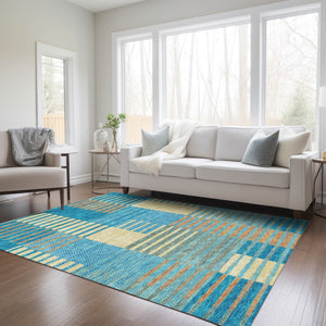 Homeroots 3' Stylish Striped Washable Area Rug For Indoor Or Outdoor Use - Durable, Easy To Clean Design Teal Blue Polyester 613175