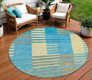 HomeRoots 5' Coastal-Inspired Striped Area Rug in Teal, Orange & Sky Blue - Durable, Washable & Versatile 8' Round 613177