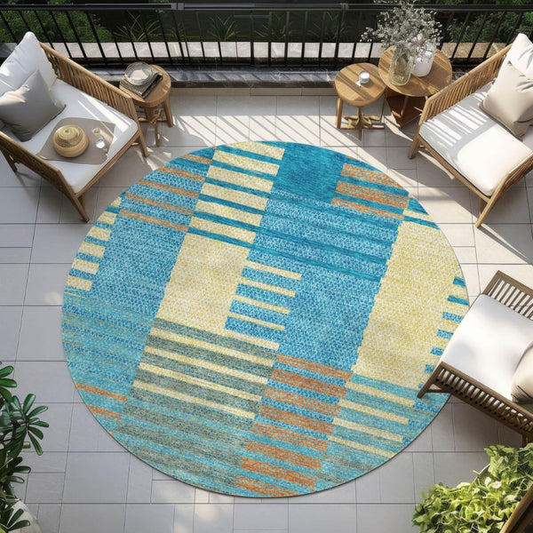 HomeRoots 5' Coastal-Inspired Striped Area Rug in Teal, Orange & Sky Blue - Durable, Washable & Versatile 8' Round 613177