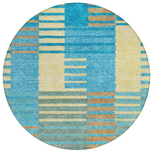 HomeRoots 5' Coastal-Inspired Striped Area Rug in Teal, Orange & Sky Blue - Durable, Washable & Versatile 8' Round 613177