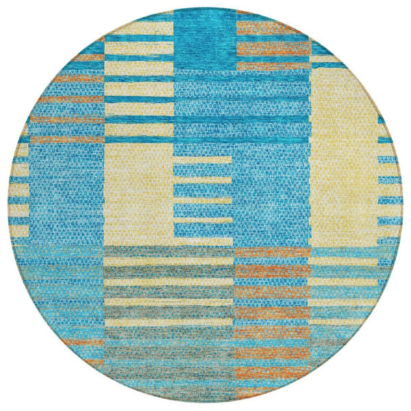 HomeRoots 5' Coastal-Inspired Striped Area Rug in Teal, Orange & Sky Blue - Durable, Washable & Versatile 8' Round 613177