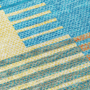 HomeRoots 5' Coastal-Inspired Striped Area Rug in Teal, Orange & Sky Blue - Durable, Washable & Versatile 8' Round 613177