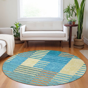 HomeRoots 5' Coastal-Inspired Striped Area Rug in Teal, Orange & Sky Blue - Durable, Washable & Versatile 8' Round 613177