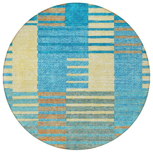 HomeRoots 5' Coastal-Inspired Striped Area Rug in Teal, Orange & Sky Blue - Durable, Washable & Versatile 8' Round 613177