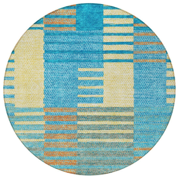 HomeRoots 5' Coastal-Inspired Striped Area Rug in Teal, Orange & Sky Blue - Durable, Washable & Versatile 8' Round 613177