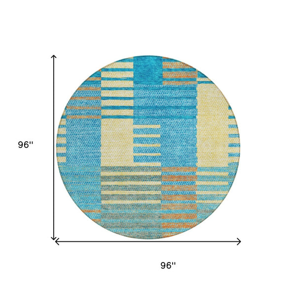 HomeRoots 5' Coastal-Inspired Striped Area Rug in Teal, Orange & Sky Blue - Durable, Washable & Versatile 8' Round 613177