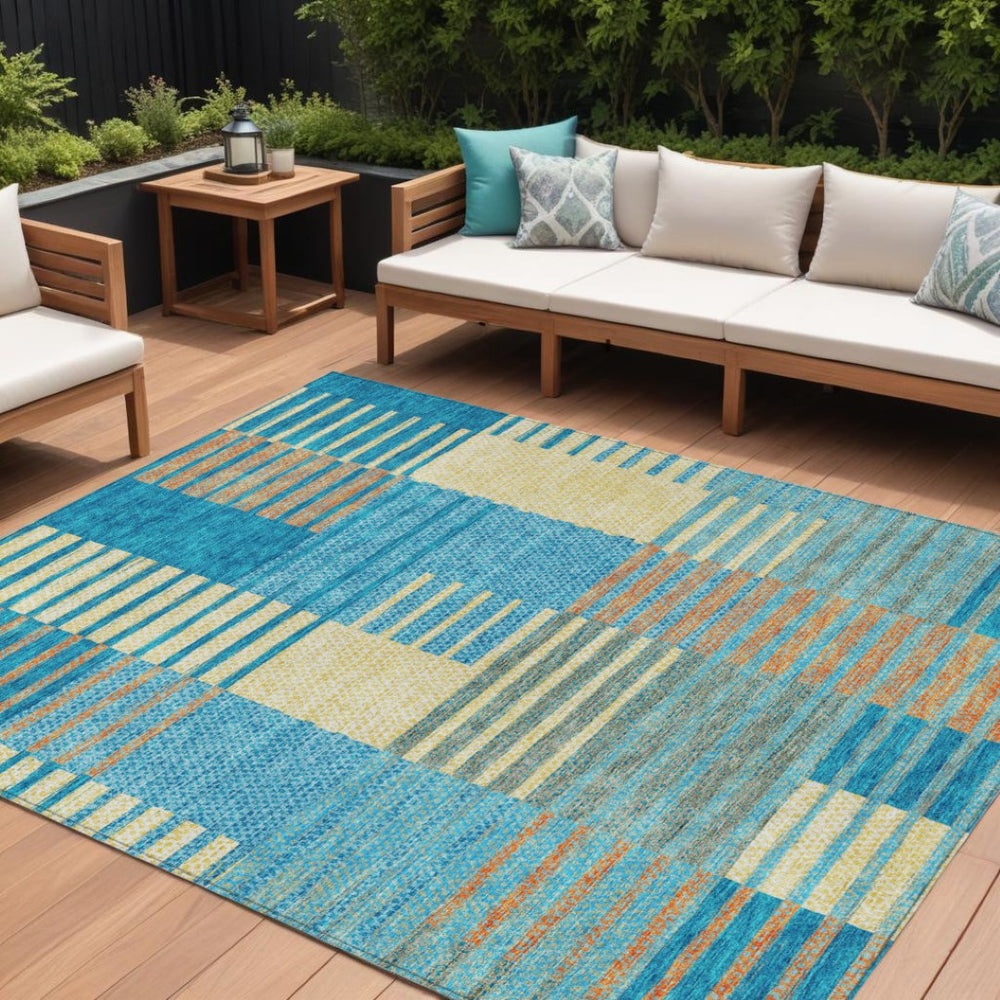 HomeRoots 5' Coastal-Inspired Striped Area Rug in Teal, Orange & Sky Blue - Durable, Washable & Versatile 8' X 10' 613178