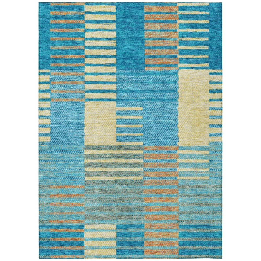 HomeRoots 5' Coastal-Inspired Striped Area Rug in Teal, Orange & Sky Blue - Durable, Washable & Versatile 8' X 10' 613178