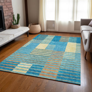 Homeroots 3' Stylish Striped Washable Area Rug For Indoor Or Outdoor Use - Durable, Easy To Clean Design Teal Blue Polyester 613178