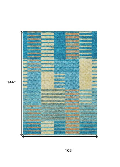 Homeroots 3' Stylish Striped Washable Area Rug For Indoor Or Outdoor Use - Durable, Easy To Clean Design Teal Blue Polyester 613179