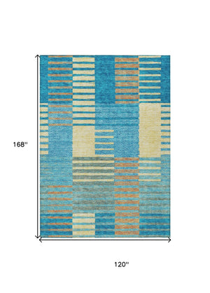 HomeRoots 5' Coastal-Inspired Striped Area Rug in Teal, Orange & Sky Blue - Durable, Washable & Versatile 10' X 14' 613180