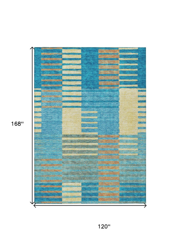 HomeRoots 5' Coastal-Inspired Striped Area Rug in Teal, Orange & Sky Blue - Durable, Washable & Versatile 10' X 14' 613180