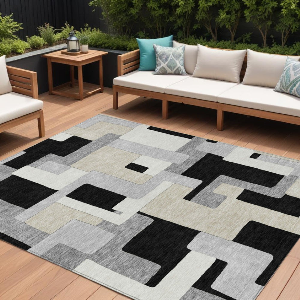 HomeRoots 5' Timeless Black, Ivory & Beige Geometric Indoor-Outdoor Rug – Durable, Washable & Stylish Design 10' X 14' 613198