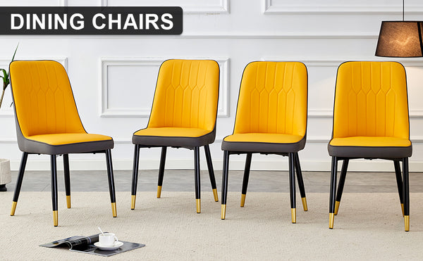 English Elm A modern dining chair with curved PU leather backrest, padded seat and sturdy black metal legs for comfort and style Yellow+Grey 33.86 L x 28.35 W x 18.5 H W1512P390898