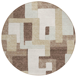 HomeRoots 5' Durable Geometric Washable Area Rug in Brown, Ivory, and Taupe for Indoor and Outdoor Spaces 8' Round 613201