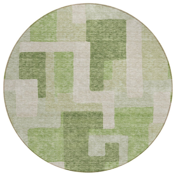 HomeRoots 5' Stylish Sage Green and Beige Geometric Area Rug - Washable, Stain-Resistant for Indoor & Outdoor Use 8' Round 613207
