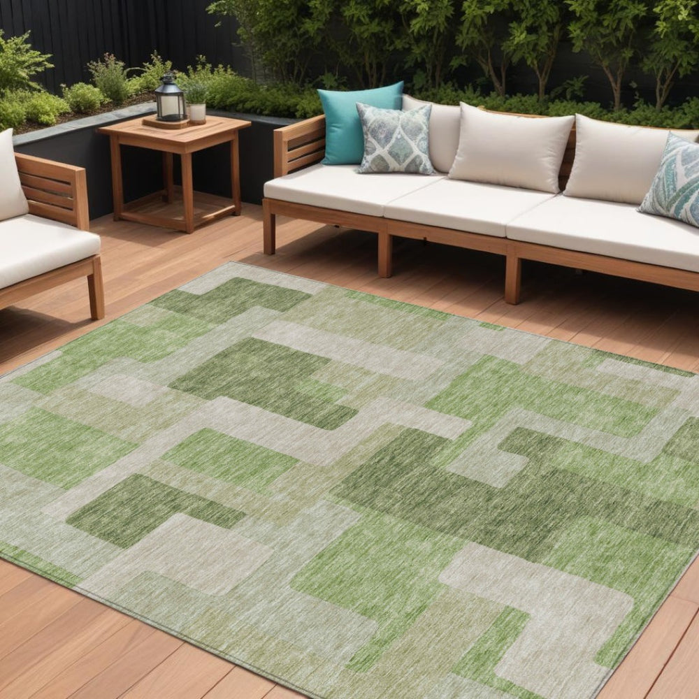 HomeRoots 5' Stylish Sage Green and Beige Geometric Area Rug - Washable, Stain-Resistant for Indoor & Outdoor Use 8' X 10' 613208