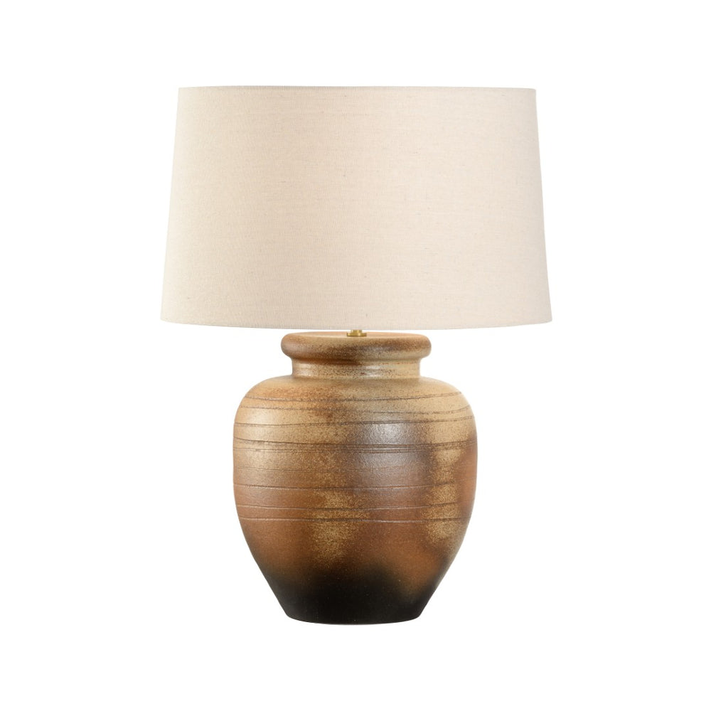Wildwood Rika Handcrafted Shiga Table Lamp — Sandy Clay Orange Glaze, Rolled-Edge Linen Shade, Warm Ambient Lighting 61321-2