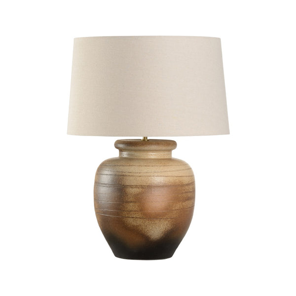 Wildwood Rika Handcrafted Shiga Table Lamp — Sandy Clay Orange Glaze, Rolled-Edge Linen Shade, Warm Ambient Lighting 61321-2