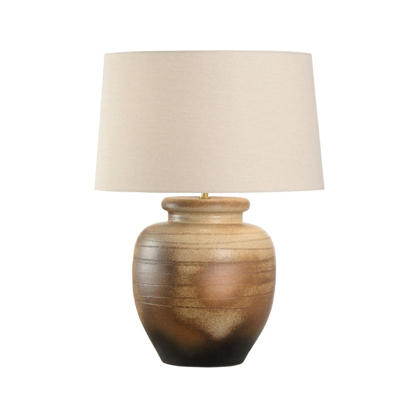 Wildwood Rika Handcrafted Shiga Table Lamp — Sandy Clay Orange Glaze, Rolled-Edge Linen Shade, Warm Ambient Lighting 61321-2