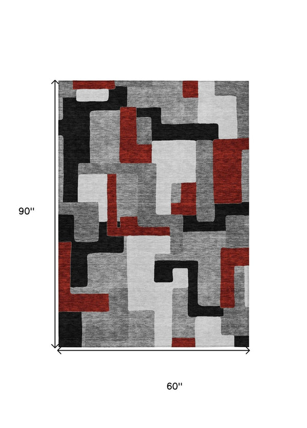 HomeRoots 5' Stylish Gray, Ivory & Red Geometric Washable Area Rug for Indoor & Outdoor Spaces, Durable Design 5' X 8' 613212