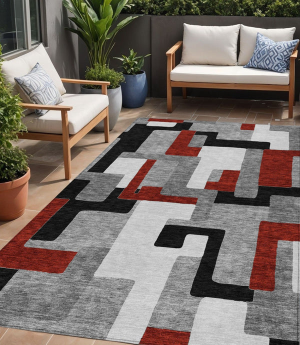 HomeRoots 5' Stylish Gray, Ivory & Red Geometric Washable Area Rug for Indoor & Outdoor Spaces, Durable Design 5' X 8' 613212