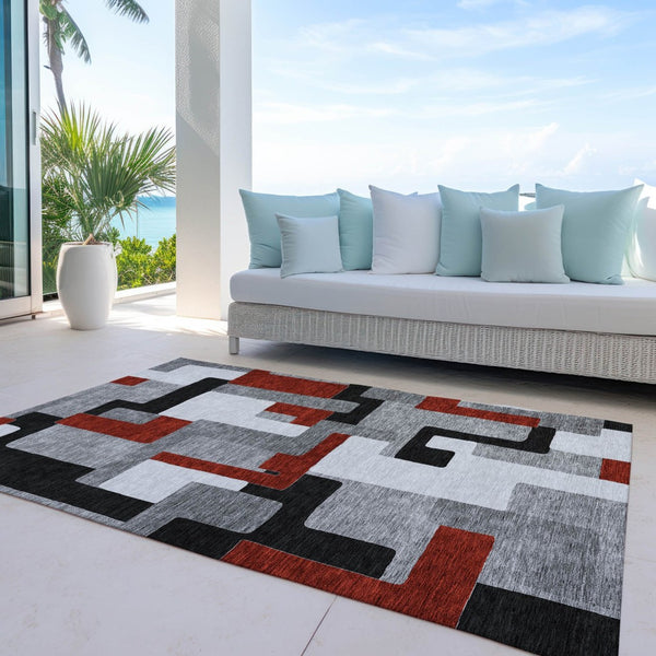 HomeRoots 5' Stylish Gray, Ivory & Red Geometric Washable Area Rug for Indoor & Outdoor Spaces, Durable Design 5' X 8' 613212