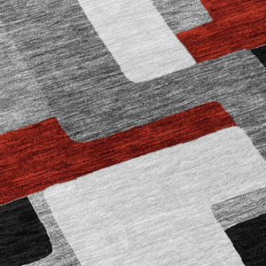 HomeRoots 5' Stylish Gray, Ivory & Red Geometric Washable Area Rug for Indoor & Outdoor Spaces, Durable Design 5' X 8' 613212