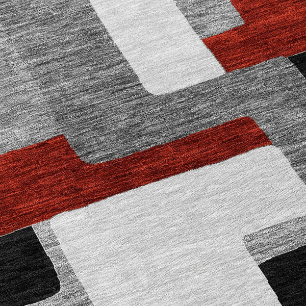HomeRoots 5' Stylish Gray, Ivory & Red Geometric Washable Area Rug for Indoor & Outdoor Spaces, Durable Design 5' X 8' 613212